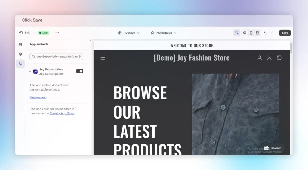 Enable subscription app embed in Shopify theme